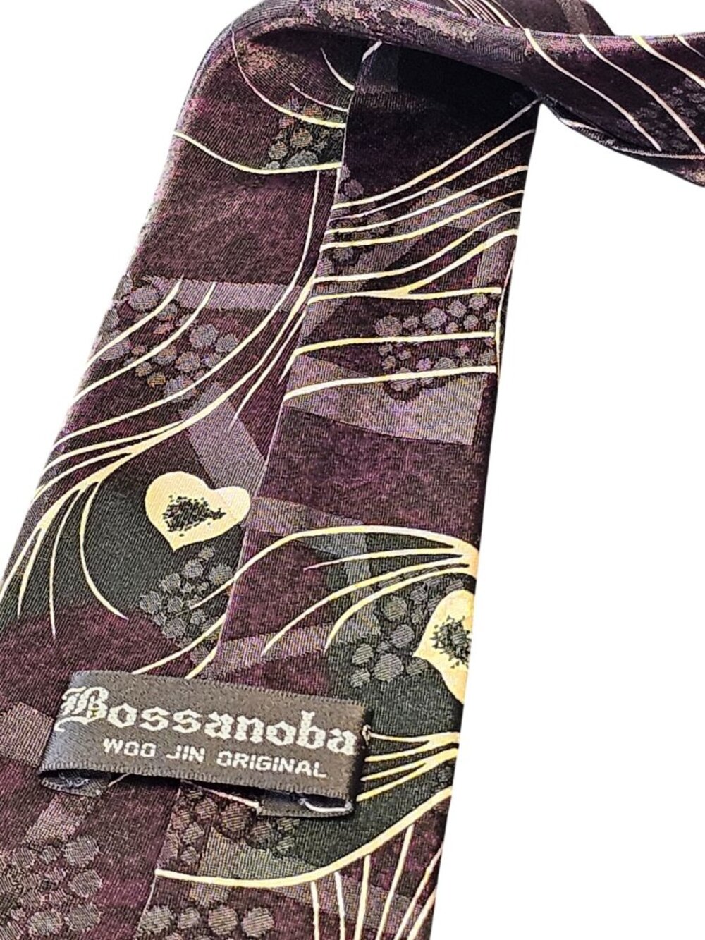 Vintage Bossanoba Silk Tie With Purple & Cream Abstract Floral and Heart Design - Picture 2 of 10